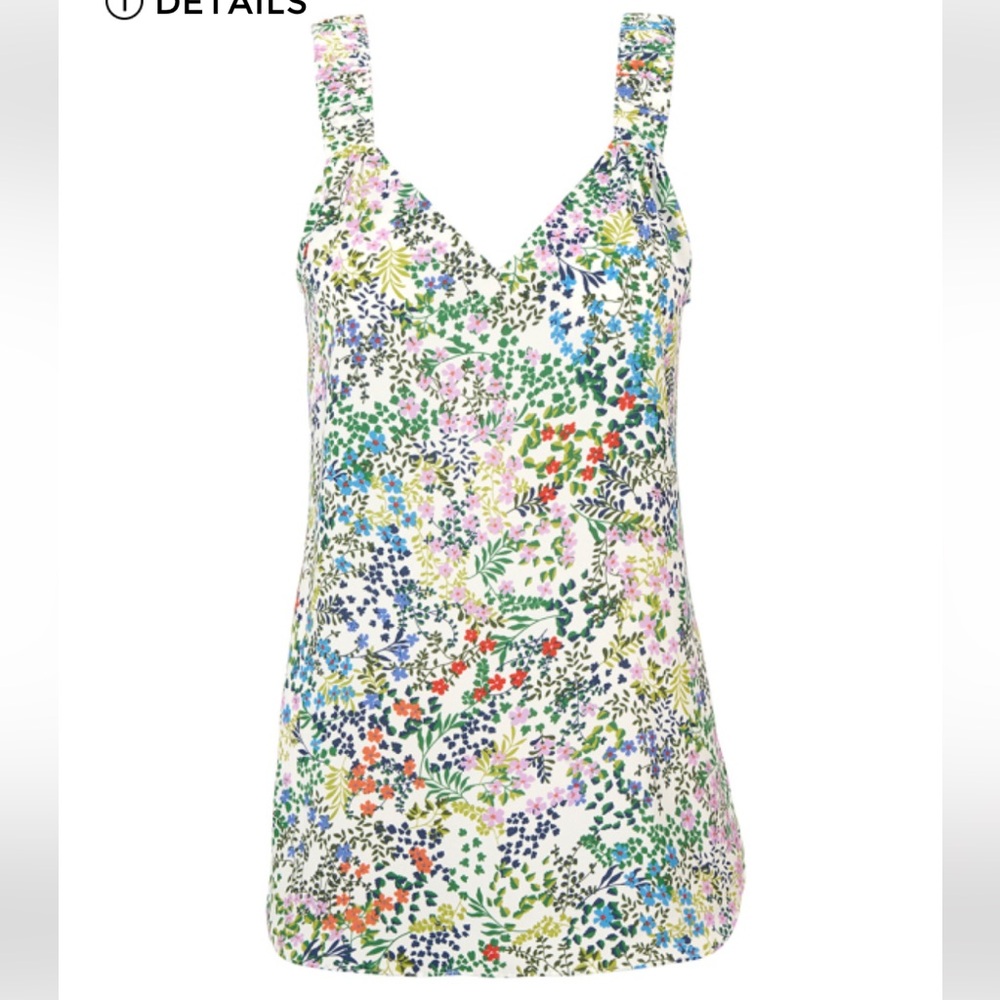 CAbi Floral Garden V-Neck Tank – White with Green, Blue, Pink, Red